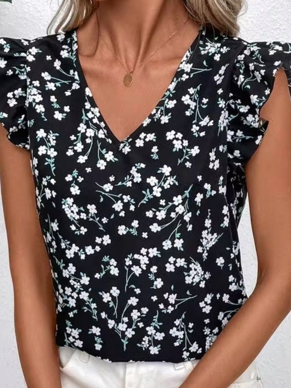 Women's Black Floral V-Neck Ruffle Sleeve Top